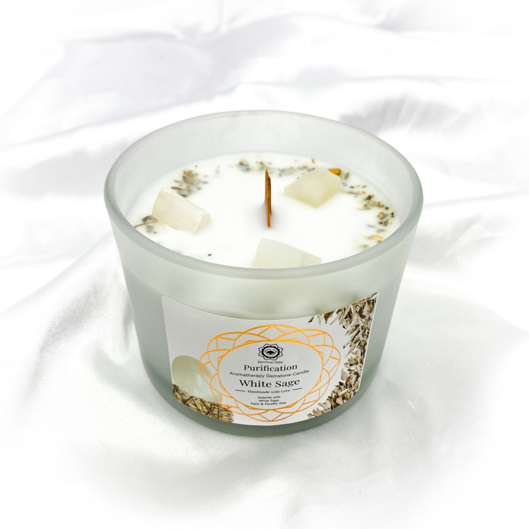 White Sage and Selenite Gemstone Woodwick Candle 250gm