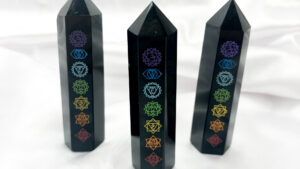 Obsidian Crystal Point with Chakra Symbols 7-8cm